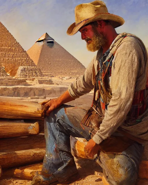 Image similar to detailed painting of an american lumberjack in front of the gizeh pyramids of egypt, deep focus, good lighting, rules of composition, intricate, greg rutkowski, magali villeneuve and monet