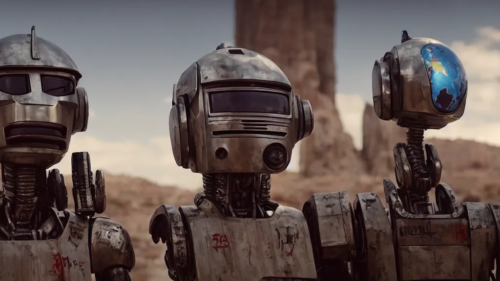 Image similar to film still from the movie chappie of the robot chappie shiny metal outdoor planet mars red rock scene bokeh depth of field several figures furry anthro anthropomorphic stylized cat ears head android service droid robot machine fursona