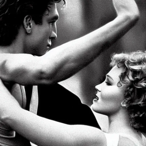 Image similar to dirty dancing poster with closeup portrait of young arnold schwarzenegger dancing with jennifer lawrence in the rain, 5 0 mm cinema shot, beautiful light, best lense, 9 0 s romantic movie, 4 k