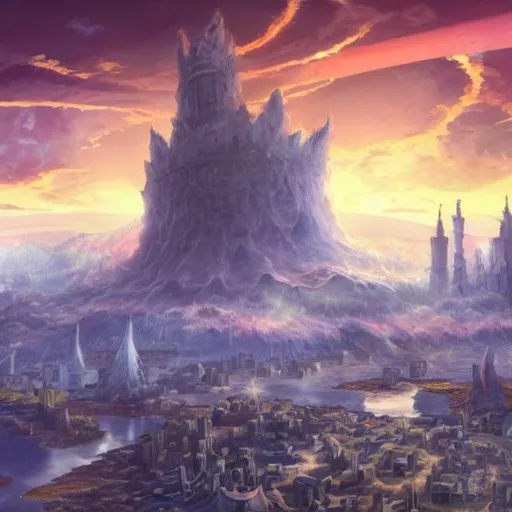 Prompt: fantasy anime background art of a medieval city built in the bottom of a giant crater, with a tall tower in the center