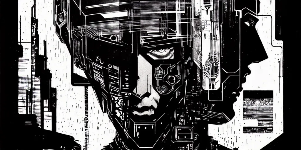 Image similar to cyberpunk portrait, bold line art, by vincent di fate and bernie wrightson, inking, etching, screen print, sharp, high contrast, hyper - detailed