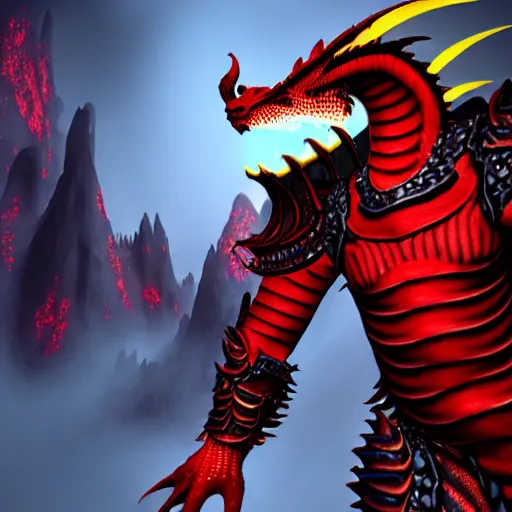 Image similar to a dragonborn with red scales and futuristic clothes