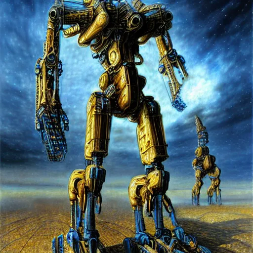 Prompt: mecha centaur, atmospheric lighting, painted, intricate, golden and blue hour, ultra detailed by peter gric, giger, enki bilal