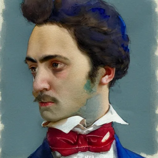 Image similar to Portrait of a handsome man with mutton chops. wearing a suit. colorful necktie, pale white face, long messy hair, ((red)) baggy eyes, tired face, watercolor, brushstrokes, high detail, artstation, background yellow and blue, medium detail, by Ilya Repin