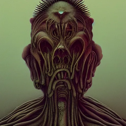 Image similar to Character inspired by Zdzisław Beksiński and H.R Giger and then rendered by Beeple, dark surrealism, full length