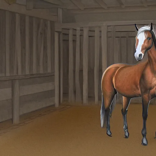 Image similar to digital painting of a majestic horse in a stable, diffused