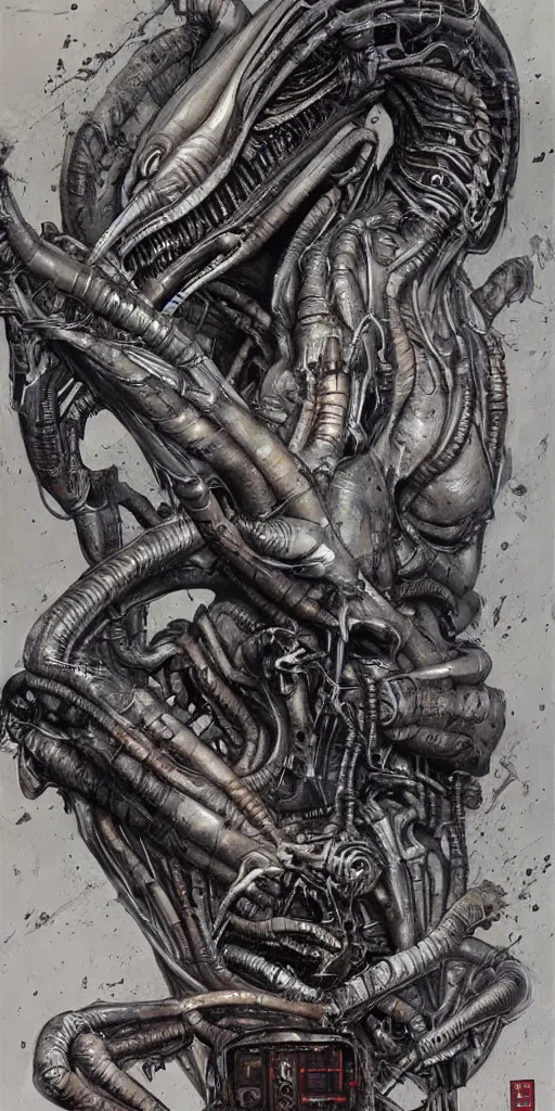 Image similar to oil painting scene from Alien 2 movie Giger art by kim jung gi