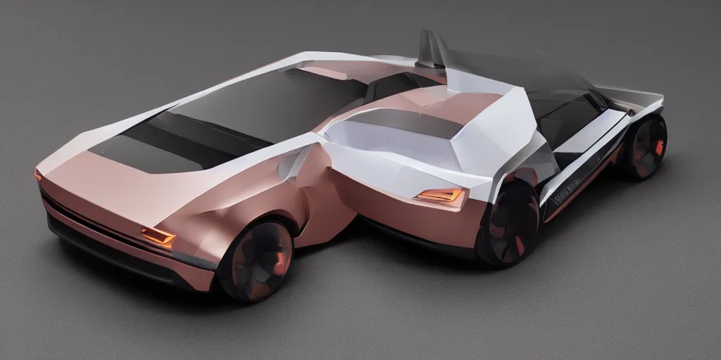 Image similar to a design of a futuristic DMC Delorian, designed by Polestar, blade runner background, back view, rose copper car paint with white line accent detailing, black windows, sportscar, black show room, dramatic lighting, octane rendering, unreal engine rendering, hyper realistic render, depth of field, octane rendering