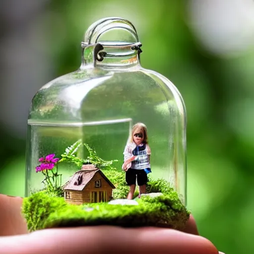 Prompt: tiny people living in a wooden cottage inside a terrarium bottle.