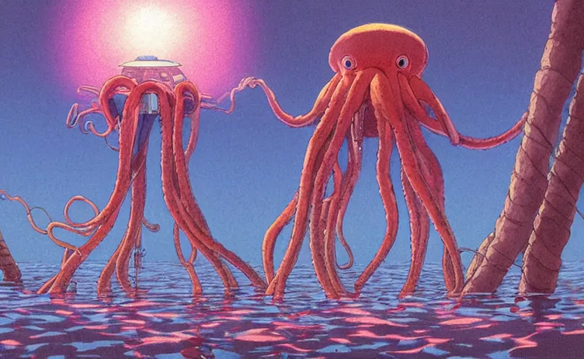 Prompt: a realistic cell - shaded studio ghibli concept art from paprika ( 2 0 0 6 ) of a flying multi - colored octopus from close encounters of the third kind ( 1 9 7 7 ) and dimensional portal to another world above a flooded stonehenge on a misty starry night. very dull colors, wide shot, hd, 4 k, hq