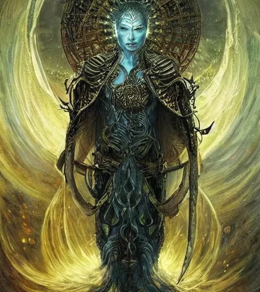 Image similar to I am the warrior Lord of the three worlds of existence, the manifest Lord of the glorious Lord’s manifestation. I am alive, and I am rejuvenated. Be strong,, and be prepared. Strive hard and become a chosen one. the seven stars are mine, portrait, overgrowth and dark flowers by karol bak, WLOP, James Jean! , tom bagshaw, rococo, trending on artstation, fantasy, elegant, highly detailed, digital painting, concept art, smooth, sharp focus, illustration, cinematic lighting, hyper realism, octane render, 8k, hyper detailed.