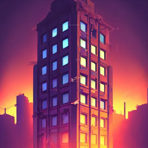 Image similar to One dilapidated building with only one window glowing. ArtStation, Cyberpunk, Vertical Symmetry, 8K, Highly Detailed, Intricate, Album Art.