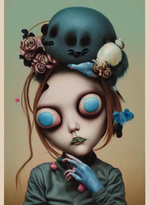 Image similar to pop surrealism, lowbrow art, realistic cute girl painting, japanese street fashion, hyper realism, muted colors, mark ryden, trevor brown style