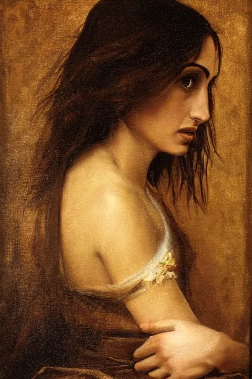 Image similar to oil painting, portrait of penelope cruz, artwork by leonardo da vinci