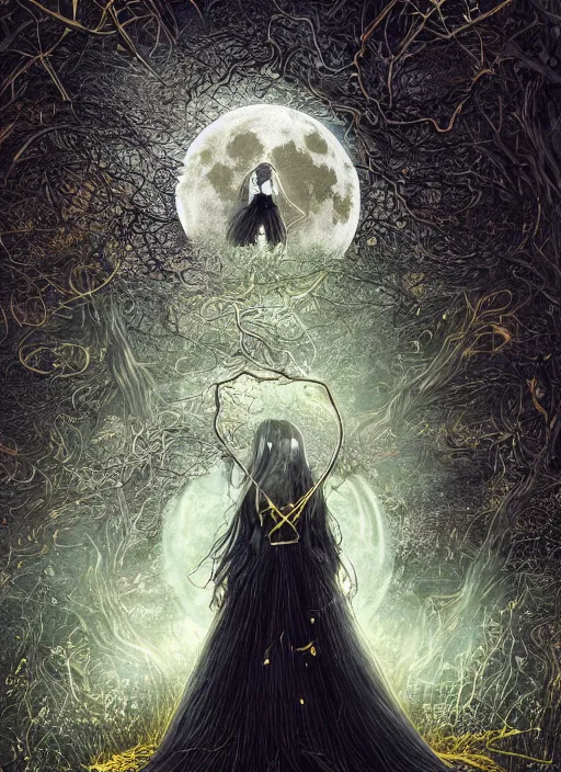 Image similar to glowing silver and golden elements, full close-up portrait, A beautiful dark witch in front of the full big moon, book cover, green forest, red white black colors, establishing shot, extremly high detail, foto realistic, cinematic lighting, pen and ink, intricate line drawings, by Yoshitaka Amano, Ruan Jia, Kentaro Miura, Artgerm, post processed, concept art, artstation, matte painting, style by eddie, raphael lacoste, alex ross