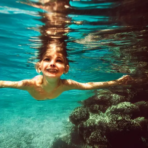 Image similar to 8k UHD under water photograph lithe carefree girl swimming in lagoon, taken from below, detailed