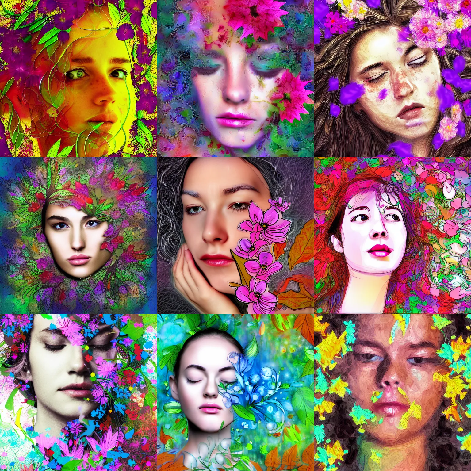 Prompt: dreaming face, swirling liquids, flowers nad leaves, digital art portrait