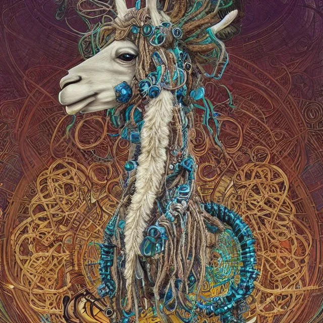 Prompt: llama with dreadlocks, 0 0 2 industrial scifi, detailed, by ernst haeckel, james jean, mandy jurgens, alphonse mucha