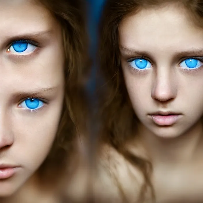 Image similar to dramatic photographic Close-up face of a extremely beautiful girl with light blue eyes and light brown hair ,four fingers maximum, high light on the left, non-illuminated backdrop, illuminated by a dramatic light, Low key lighting, light dark, High constrast, dramatic , Greg Rutkowski, Alphonse Mucha, Steve Mccurry, Lee Jeffries , Norman Rockwell, Craig Mulins ,dark background, high quality, photo-realistic, 8K,