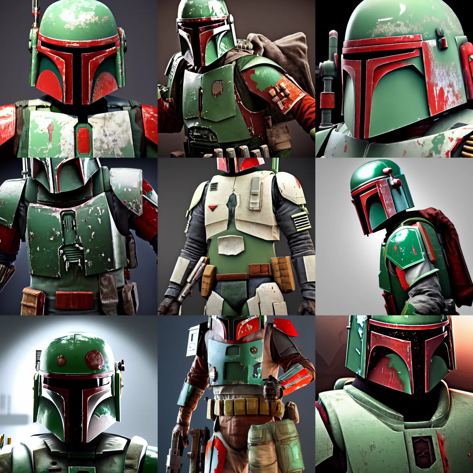 Prompt: still photo of boba fett, photorealistic portrait, bright studio setting, studio lighting, highly detailed, crisp quality and light reflections, unreal engine 5 quality render