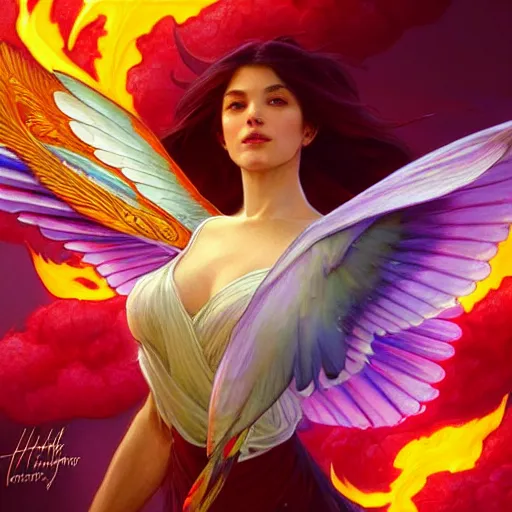 Prompt: a hummingbird made of colorful fire, art by artgerm and greg rutkowski and alphonse mucha, concept art, octane render, unreal engine 5, highly detailed, high quality, 8 k, soft lighting, realistic face, path traced