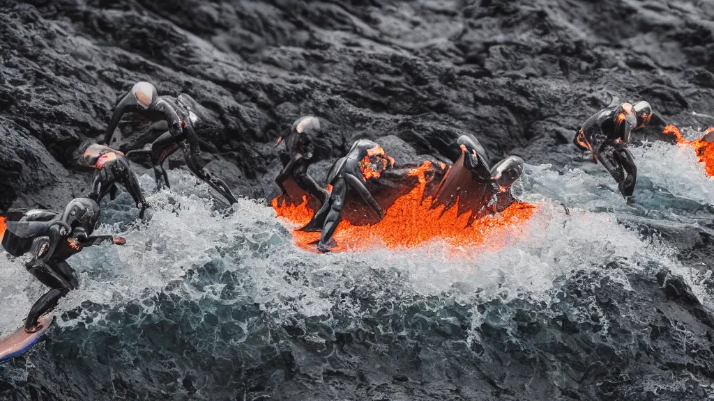 Prompt: people in suits of armor surfing down a river of lava on the side of a volcano on surfboards, action shot, dystopian, motion blur, sharp focus, cinematic