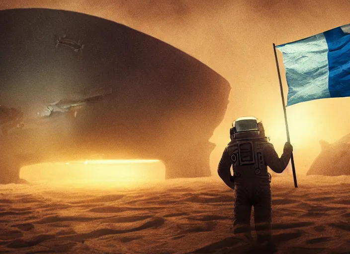 Image similar to astronaut holding a flag in an underwater desert. a submarine is visible in the distance. dark, concept art, cinematic, dramatic, atmospheric, 8 k, trending on artstation, blue, fish, low visibility, fog, ocean floor, christopher nolan, interstellar