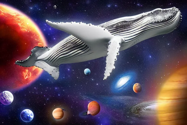 Prompt: humpback whale in space with planets and stars in the background