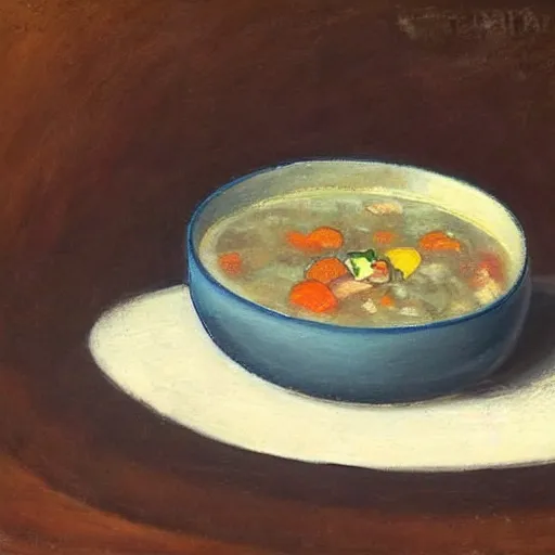 Prompt: a bowl of steak soup on a table lower corner view in the style of loish van baarle, painting, fancy, delicious