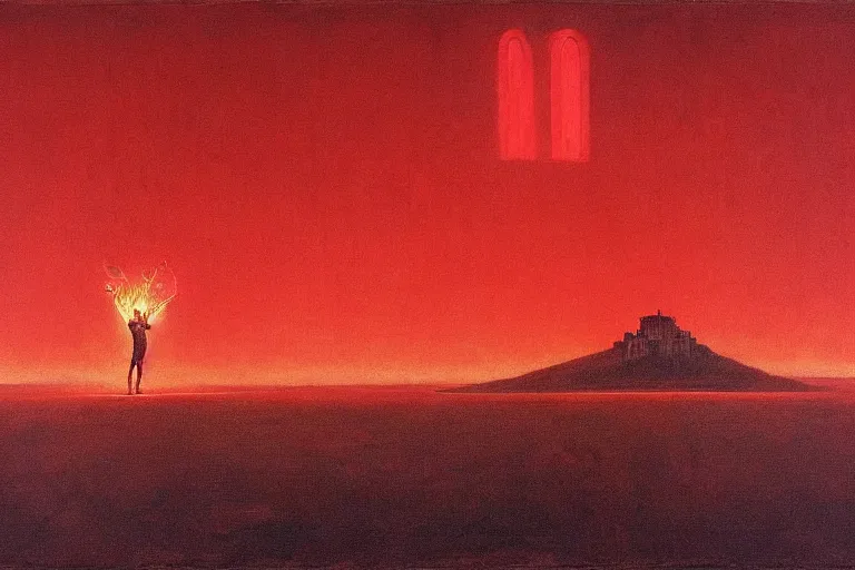 Image similar to only with red, a red melted apollo with a laurel wreath and a flaming sword announce win, athens in background, in the style of beksinski, parts by edward hopper, parts by rodcenko, parts by yue minjun, intricate and epic composition, red by caravaggio, insanely quality, highly detailed, masterpiece, red light, artstation, 4 k