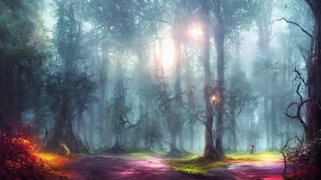 Prompt: Beautiful Summer storm in the woods” Beautiful Dreamscape, Digital art, concept art, detailed, lovely colors, Art station,3-D 4K, beautiful background, matte painting, ,