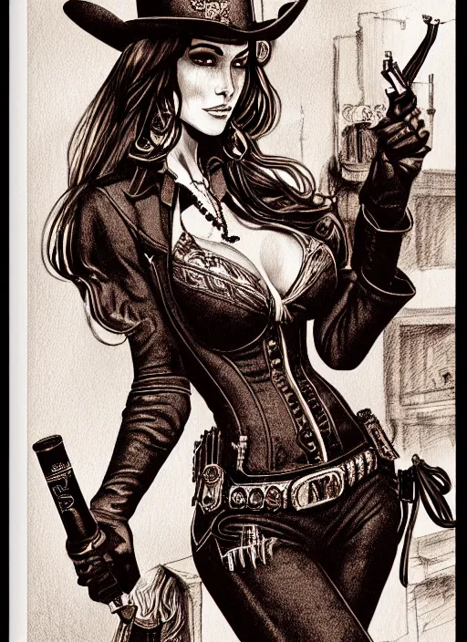 Prompt: full light rendering hyper detailed ultra sharp beautiful female sheriff's body, global lighting, intricate details of the dark saloon from the western, western saloon, booze, scofield, cigars, manga style.