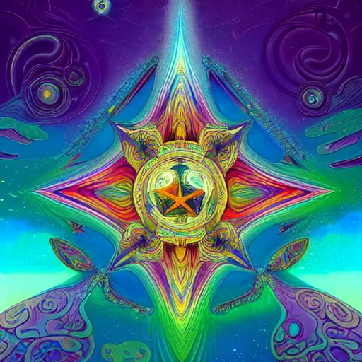 Prompt: An extremely psychedelic abstract illustration of an 3d nautical star, colorful, surreal, dramatic lighting, magic mushrooms, psilocybin, LSD, detailed, intricate, elegant, highly detailed, digital painting, artstation, concept art, smooth, sharp focus, illustration, art by Krenz Cushart and Artem Demura and alphonse mucha, unreal engine 5 render, 8k