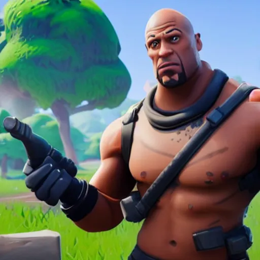 Image similar to screenshot from fortnite dwanye the rock johnson as a fortnite character