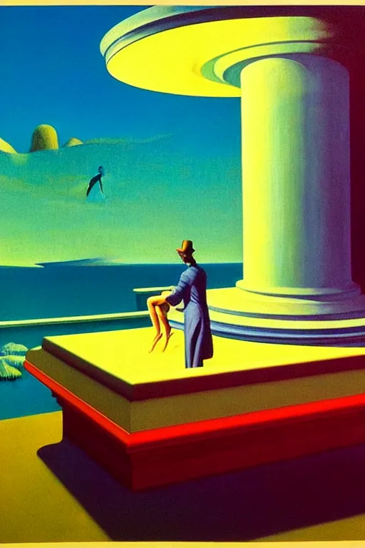 Prompt: liminal vaporwave surrealism dreams representing stream of consciousness, painted by Edward Hopper, painted by salvador dali, painted by moebius, airbrush