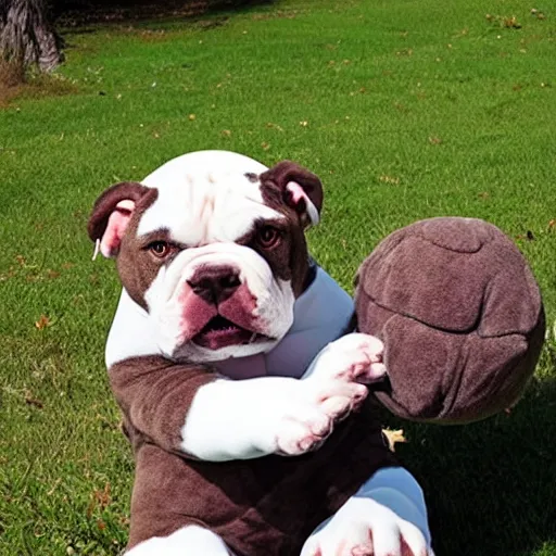 Image similar to pitbull bulldog mix with brindle coat and white paws and white chest playing with a dinosaur plushie. photo. realistic. hyper realistic. outside photography. sunny day.