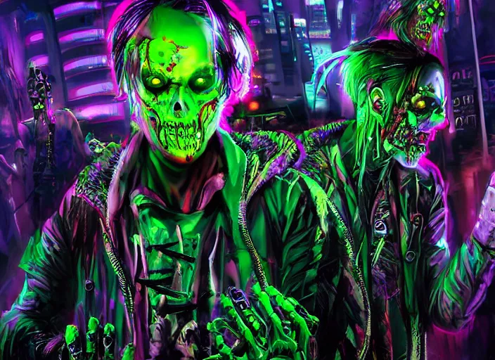 Image similar to neo-futuristic cyberpunk undead zombie men at a neon rave, by kelley jones, cyberhorror-punk, stunning, horror art, dark tones, #film, cgsociety, scary, creepy, wow, artstation, 8k, high gloss::Horror, ultra detailed, character art, concept art, DnD art, cinematic detailed, nightmare machine, godmachine, trending on artstation, unreal engine 5 rendering, cinematic, greig fraser cinematography, epic composition