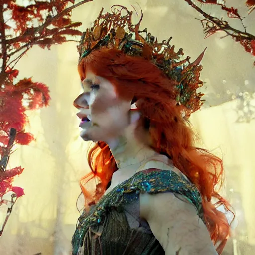 Prompt: beautiful watercolor painting of a young red hair woman wearing a crown of long golden fish, intricate, elegant, highly detailed, digital painting, artstation, concept art, smooth, sharp focus, art by krenz cushart and artem demura and alphonse mucha, dynamic lighting, ultrarealistic, cinematic, octane render, 8 k