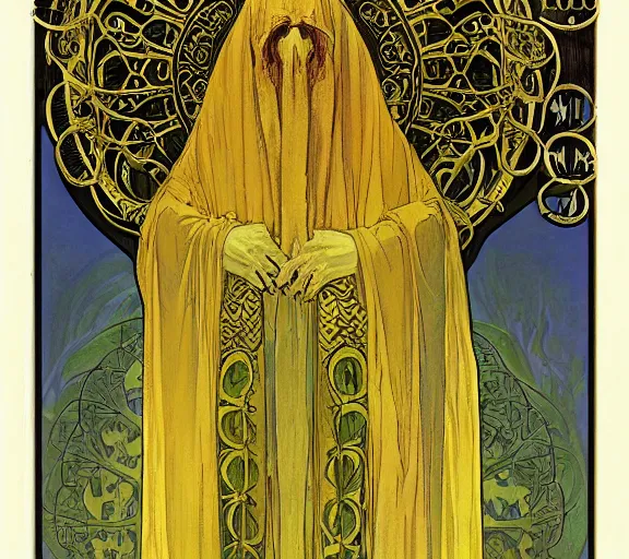 Prompt: Hastur the ancient king in yellow (last king of the lost city of Carcosa), art nouveau portrait, by alphonse mucha, Adolfo Hohenstein, Stanley Artgerm Lau, greg rutkowski, thomas kindkade, loish