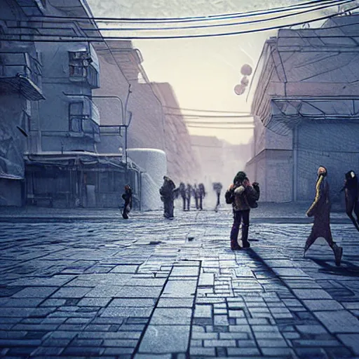 Image similar to Street photo in a crowded future Russian city on Moon, Neo Norilsk, sci-fi, 35mm, intricate, very very beautiful, elegant, highly detailed, smooth, Unreal Engine 5, sharp focus, by Evgeny Zubkov, by Marat Zakirov, trending on Behance