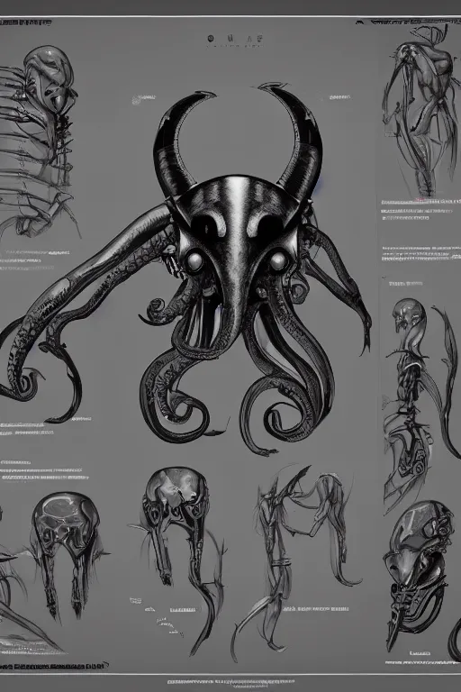 Image similar to very symmetrical!! cyborg space octopus with gunmetal grey skin, muscular system diagram, cyberpunk face, highly detailed, japanese, mecha asthetic, mechanical implants, three - view reference sheet ( front / back / side ), in the style of dan ouellette, dren from splice, hr giger, sil from species, artstation, unreal engine