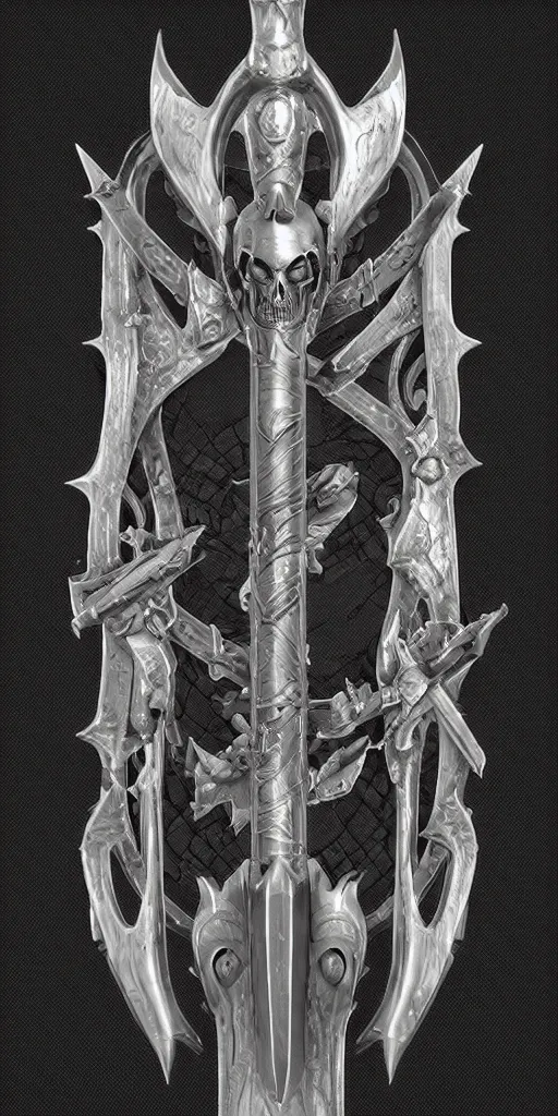 Image similar to a black and silver sword skull crest, ornament, weapon, a 3 d render by dom qwek, front side, concept art, trending on polycount, artstation, hard surface modeling, rendered in maya, zbrush, hd, vray, blizzard concept, symmetry