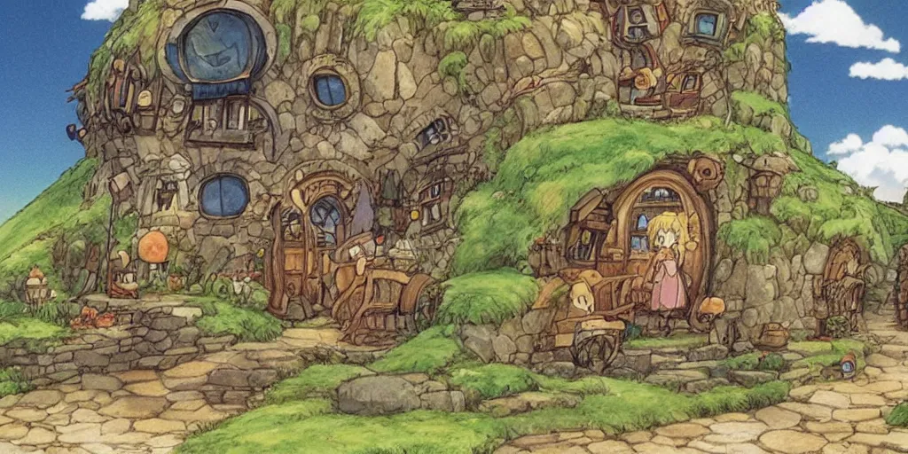 Image similar to a still from howl's moving castle of hobbiton, studio ghibli