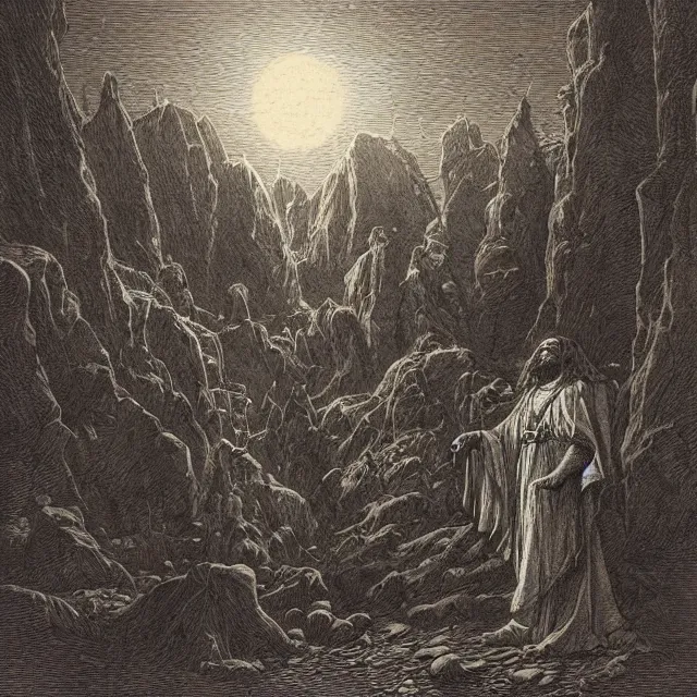 Image similar to etching by Franklin Booth and Gustav Doré showing frightened sorcerer in the desert by night, surrounded by nightmares in the shadows, mystic athmosphere, by Greg Rutkowski, deformed rocks, snakes, scorpions, UHD, 8K,