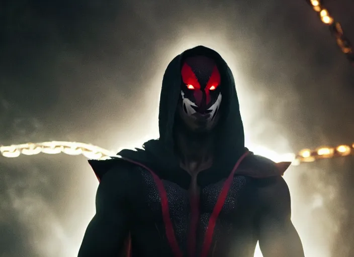 Prompt: film still of michael b jordan as spawn in the new spawn movie, giant chains, large cape, 8 k