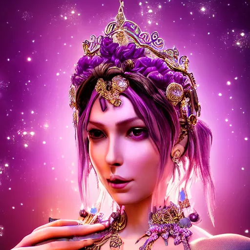 Image similar to portrait princess of amethyst, glowing, ornate and intricate purple jewelry, jaw dropping beauty, glowing background lighting, purple accent lighting, hyper detailed, fairy tale, 4 k octane render