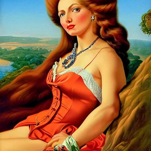 Prompt: woman with long hair, ultra detailed, beautiful eyes, decolte, by greg hildebrandt fancy rococo baroque oil painting high quality clothed in fancy garb in pin up style