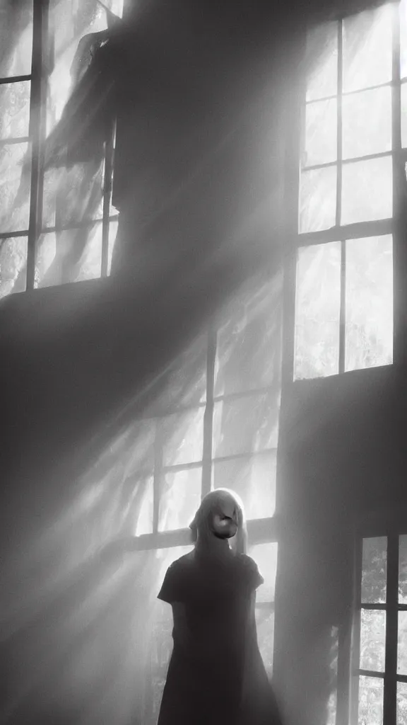 Prompt: very very beautiful photograph of emily skinner looking like annie leonhart standing next to a window god rays shining on her from the sunlight, volumetric fog, smoke, depth of field, beautiful composition, featured on artstation and instagram