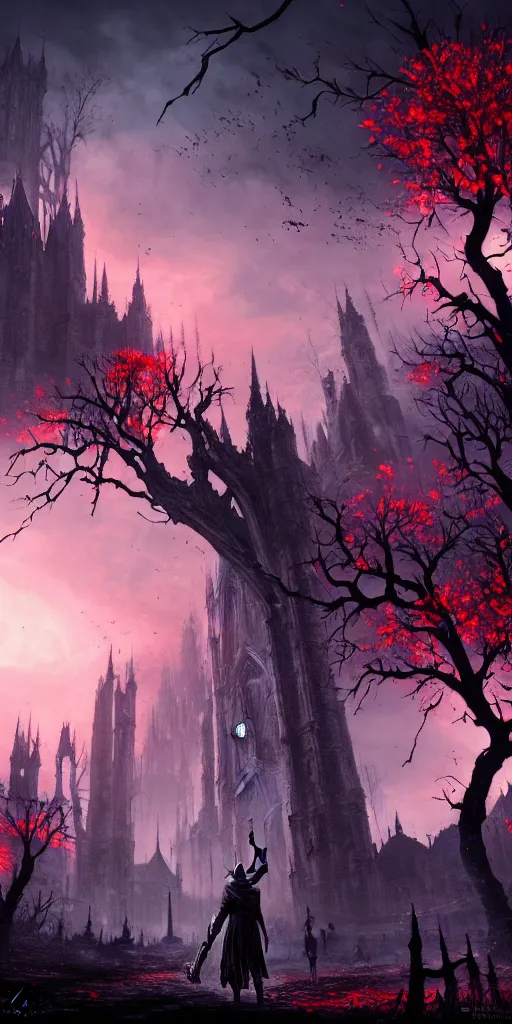 Image similar to abandoned bloodborne old valley with a obscure person at the centre and a ruined gothic city in the background, trees and stars in the background, falling red petals, epic red - orange moonlight, perfect lightning, wallpaper illustration by niko delort and kentaro miura, 4 k, ultra realistic