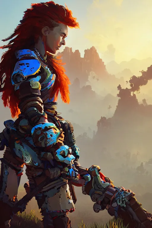 Image similar to combination suit armor aloy horizon forbidden west horizon zero dawn radiating a glowing aura global illumination ray tracing hdr fanart arstation by ian pesty and alena aenami artworks in 4 k tribal robot ninja mask helmet backpack